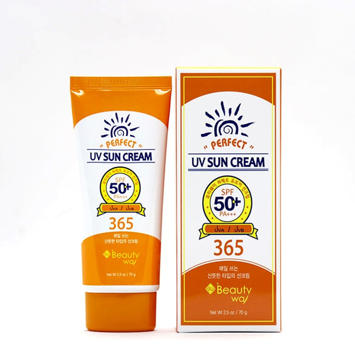 BeautyWay Perfect UV Sun Cream SPF50+ PA+++ 70g tube and box packaging, Korean sunscreen, on a white background