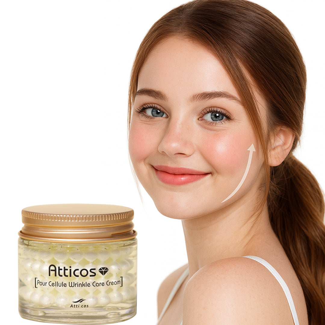 Smiling woman with youthful skin and lifting arrow beside a jar of Atticos Pour Le Cellule Wrinkle Care Cream on white background
