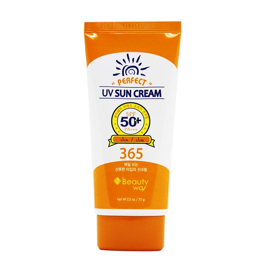 BeautyWay Perfect UV Sun Cream SPF50+ PA+++ 70g tube, Korean sunscreen with orange and white packaging, on a white background